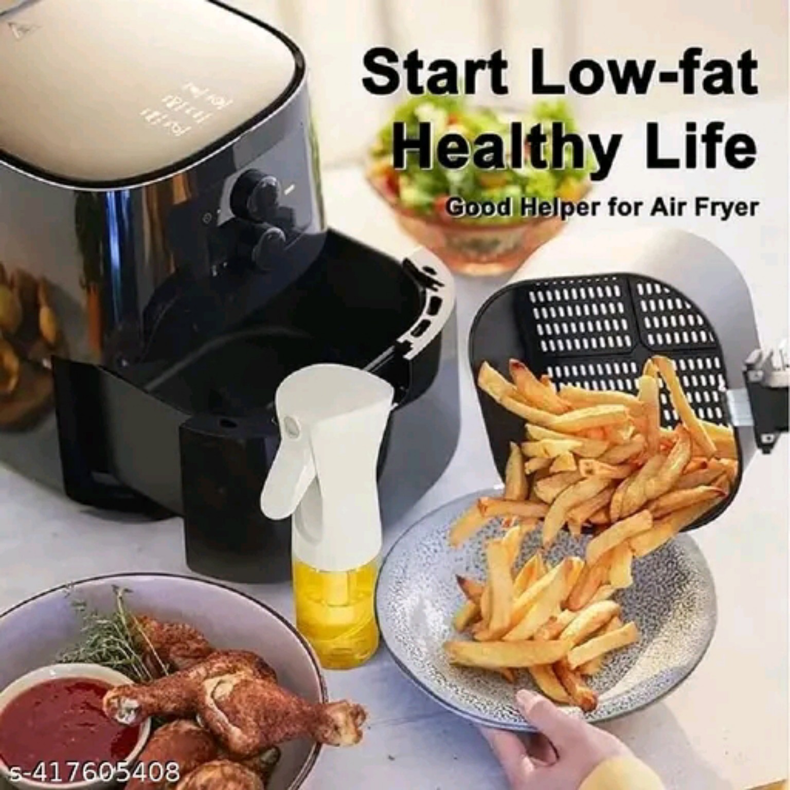 Oil spray bottle shown beside an air fryer and prepared food