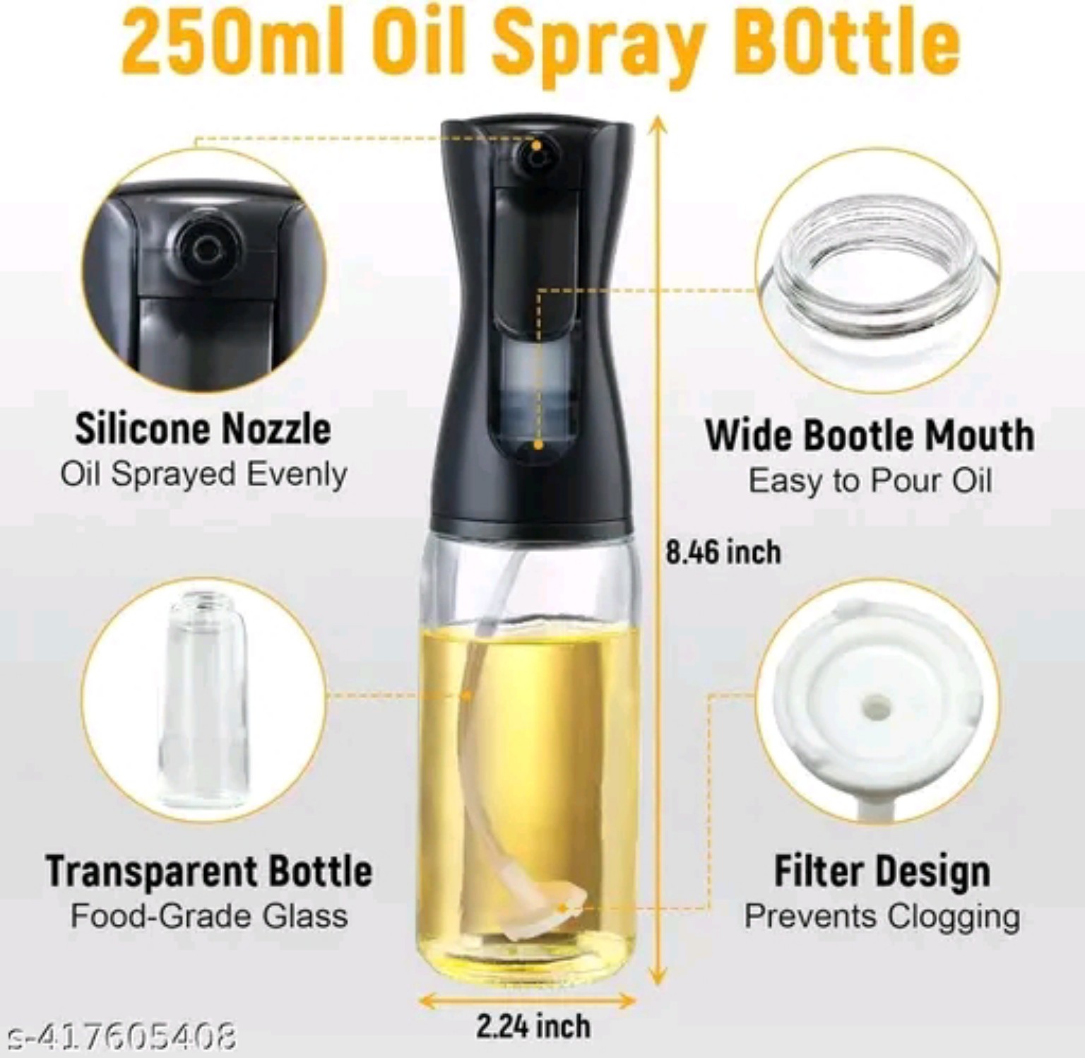 Oil spray bottle feature image showing nozzle, wide mouth, glass body and filter design