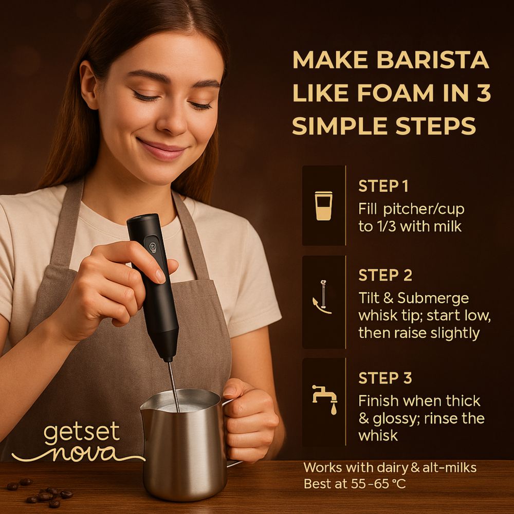 Retailer use graphic showing a Handheld Milk Frother used in a metal milk pitcher