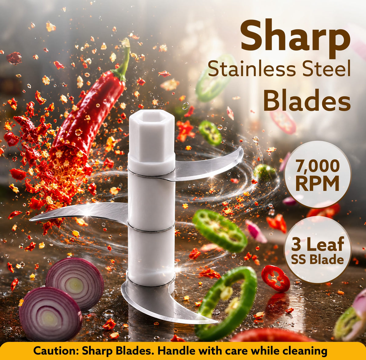 Official product image showing three stainless-steel chopper blades