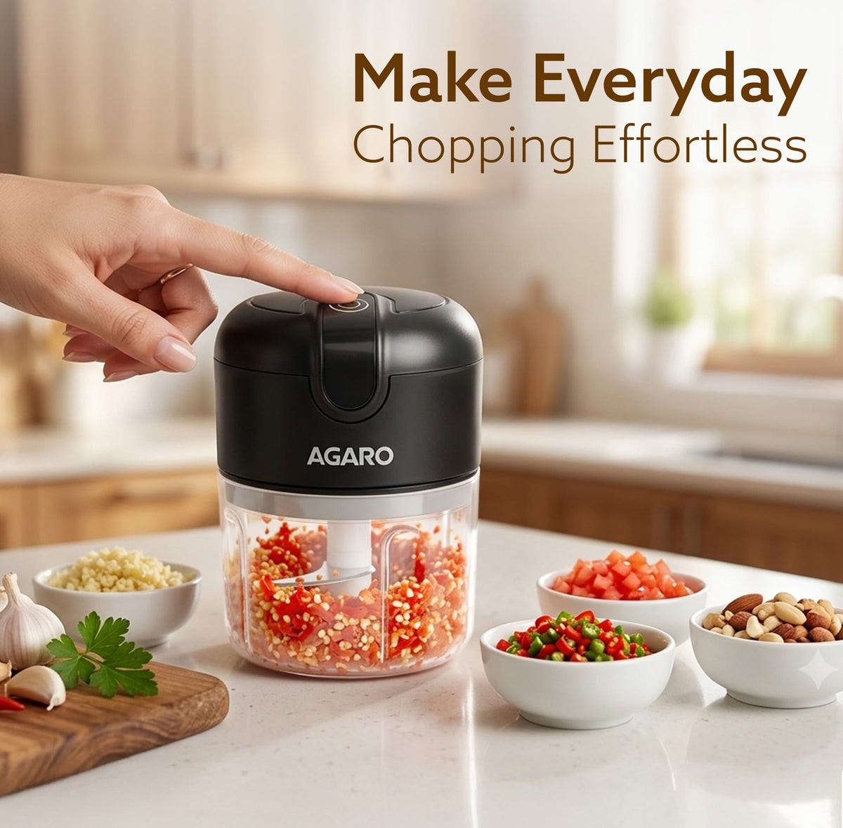 Official product image showing one-touch operation of the mini electric chopper
