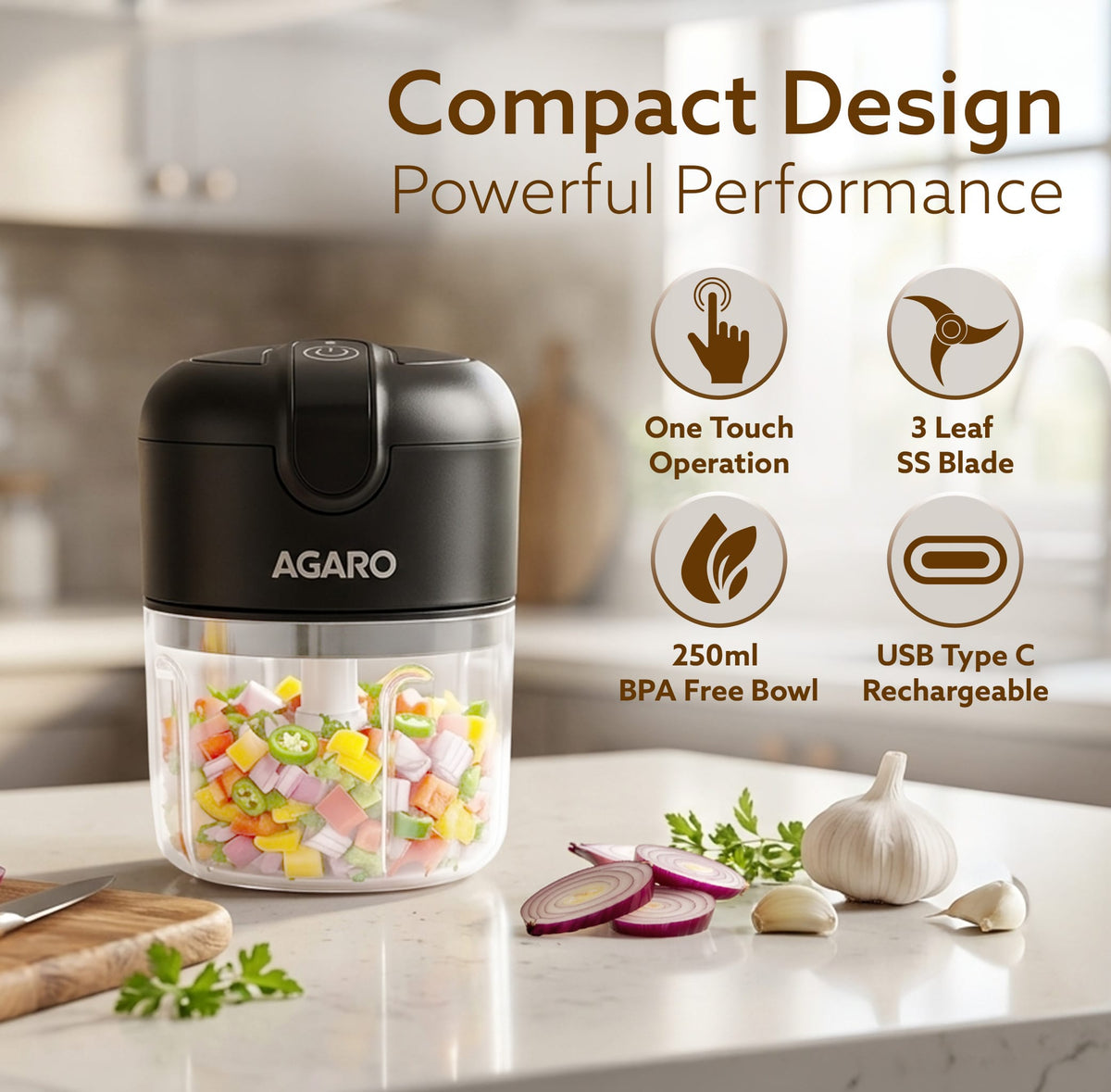 Official product image showing the compact rechargeable chopper and its main features
