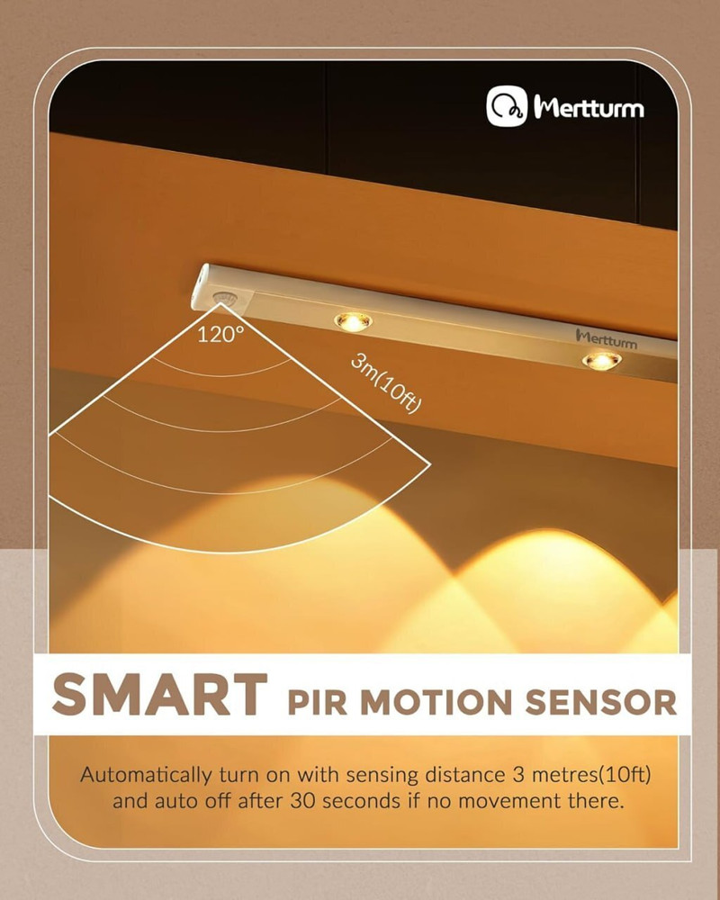 Cabinet light graphic illustrating the motion sensor coverage claimed by the retailer
