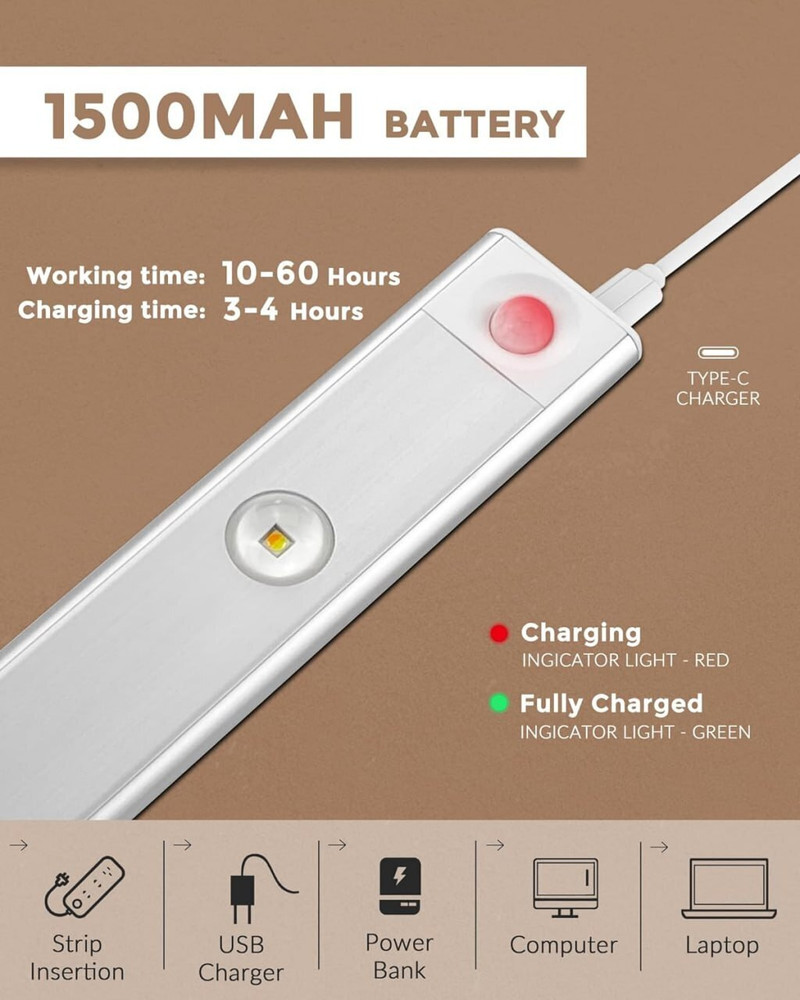Rechargeable cabinet light connected to a USB Type-C charging cable